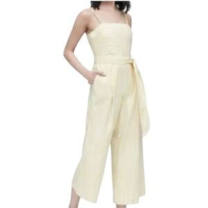 Banana Republic Linen Pale Butter Yellow Striped Wide Leg Cropped Jumpsuit